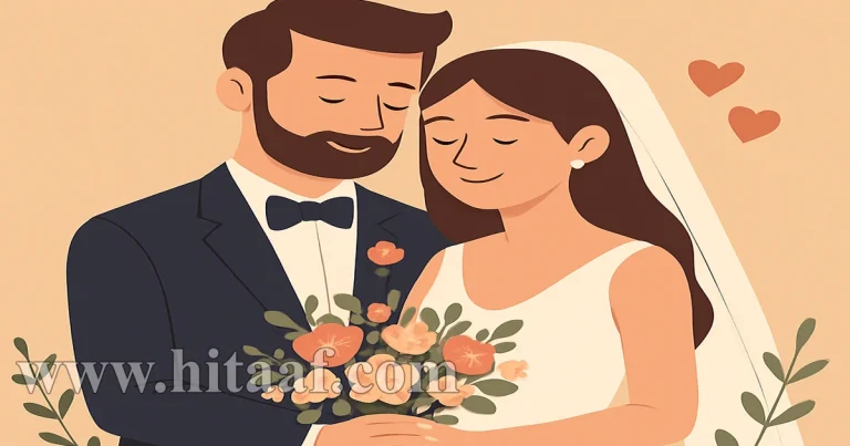 رسم توضيحي لعروسين يحتفلان بيوم الزواج ويبتسمان أثناء الإمساك بباقة زهور